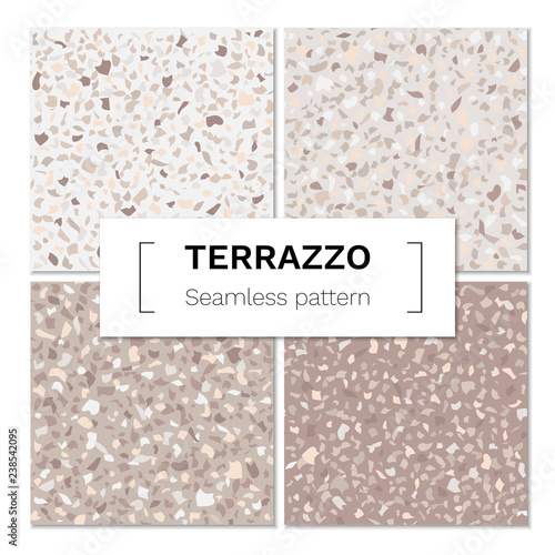 Vector set of seamless terrazzo pattern. Marble mosaic flooring with natural stones, granite, concrete.  Pastel beige colors