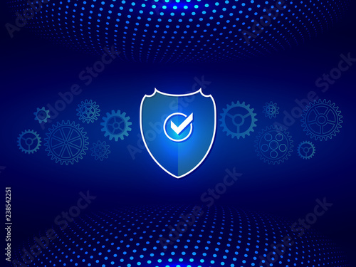 Technology background made of dots and gear mechanism. Network security shield. Data protection.