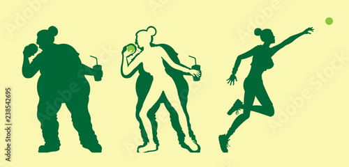 Fat and slim woman silhouettes lose weight with exercising shot put