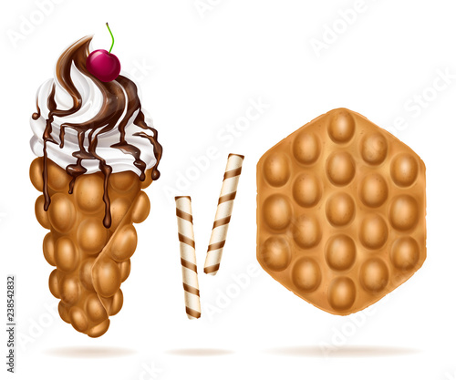 Vector realistic illustration of appetizing Hong Kong egg bubble waffles with ice-cream, decorated fresh cherry, poured chocolate. Belgian sweet dessert with cookies isolated on white background.