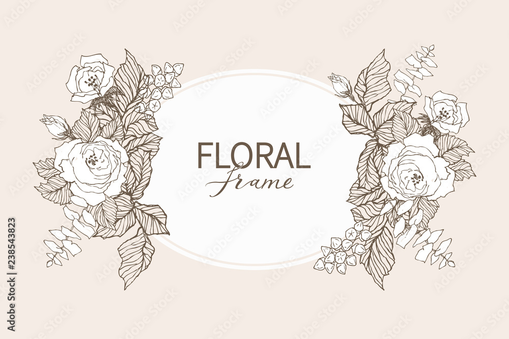 Floral vector design frame. Linear roses, eucalyptus, berries, leaves witn white silhouette. Wedding card on pink. All elements are isolated and editable.