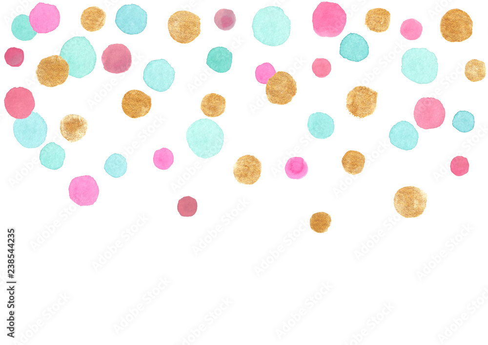 Blue, pink and gold falling confetti border. Illustration painted in watercolor on clean white background - obrazy, fototapety, plakaty 
