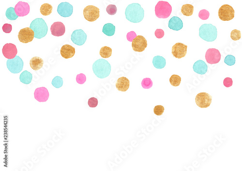 Blue, pink and gold falling confetti border. Illustration painted in watercolor on clean white background