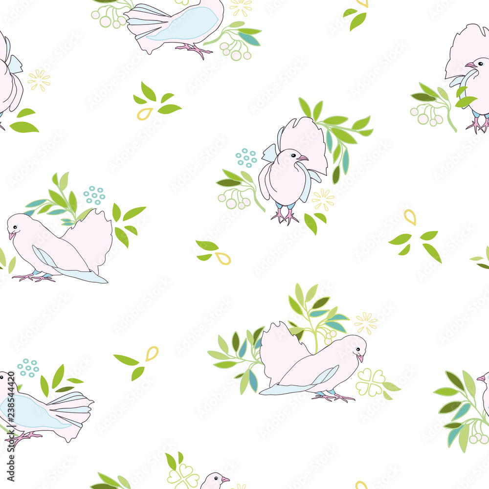 White vector repeat pattern with pink dove and yellow blossom and green leaves. Love birds. Surface pattern design. White vector repeat pattern with pink dove and yellow blossom and green leaves. Love birds. Surface pattern design.