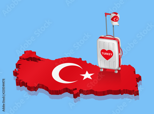 Tourist baggage and hat for a Turkish travel over a Turkey map