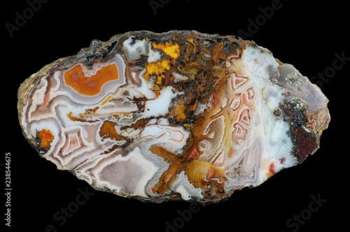 A cross-section of agate. Agates in agate - polycentric, with color. White chalcedony with quartz, jasper and pseudomorphs. Origin: Agouin, Atlas mountains, Morocco. photo