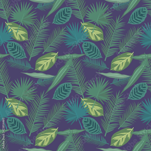 Green exotic tropical palm leaf plant seamless graphic illustration pattern on dark blue background