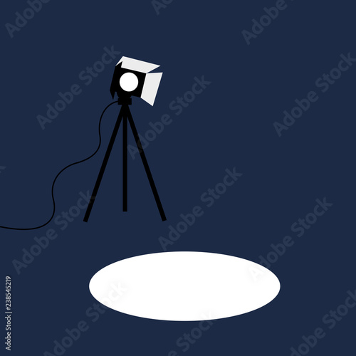 Spotlight and studio light. Dark area is floodlit by bright light from lamp. Vector illustration