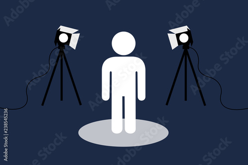 Person is lit by studio light - famous male person - actor, model, presenter - is standing in circle floodlit area by spotlight. Vector illustration