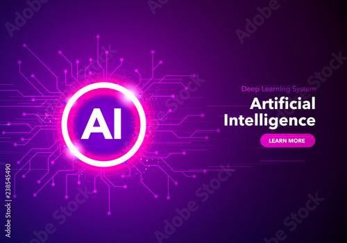 Vector Illustration artificial Intelligence landing page. Website template for ai machine deep learning technology sci-fi concept.