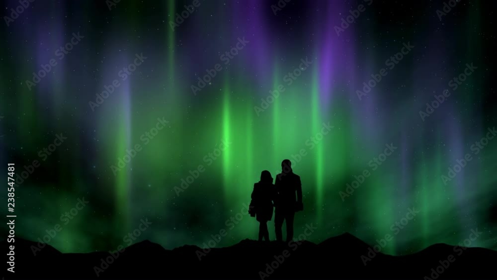 The silhouette of a couple watching the aurora borealis and shooting stars. The silhouette of a couple watching the aurora borealis and shooting stars.