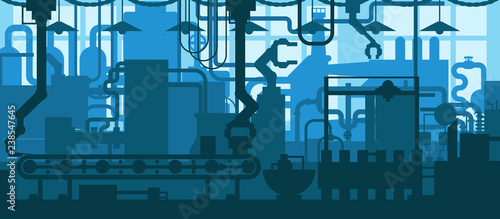 Factory plant conveyor line production development industrial interior flat design background concept illustration