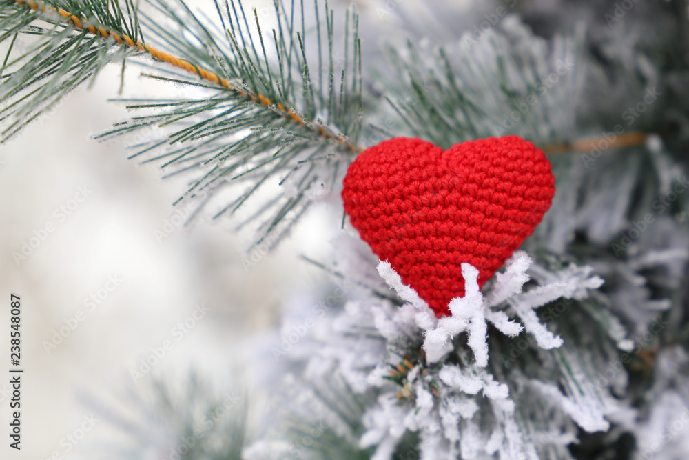 Fototapeta premium Red knitted heart in the snow on fir branches, Merry Christmas card. Concept of New Year celebration or Valentine's day, symbol of romantic love, winter weather