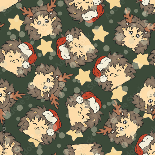Hedgehog vector seamless pattern for Christmas. Cute hedgehog vector repeated pattern for children. Hedgehog in red Santa's hat or antler cartoon character. Merry Christmas and Happy New Year design 