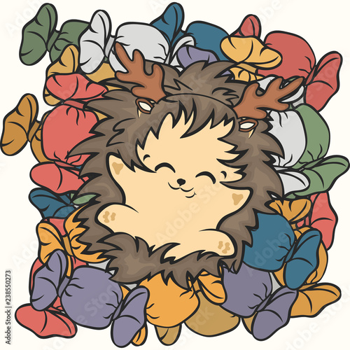 Cute hedgehog lie on sweets vector image. Hedgehog sweet tooth. Happy cartoon hedgehog and sweet life. Hedgehog dreams of sweets. Mountain of candies in multi-colored wrappers. Confectioner's shop