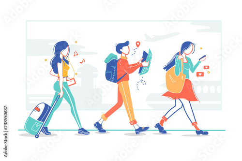 Group of tourists, flight passengers go on trip and holiday.