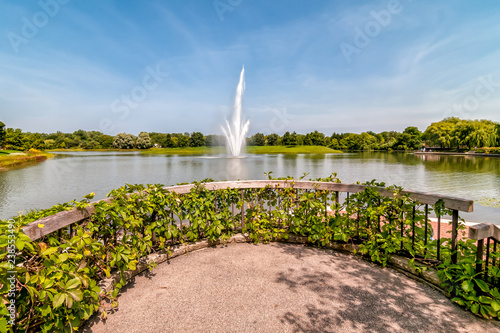Chicago Botanic Garden Landscape with fountain in the pond, Glencoe, Illinois, USA photo