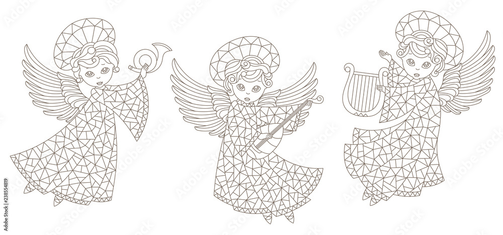 A set of stained glass angels , contour figures isolated  on a white background