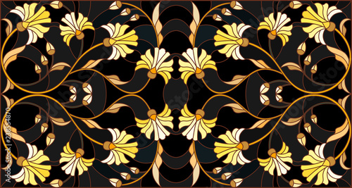 Illustration in stained glass style with floral ornament ,imitation gold on dark background with swirls and floral motifs
