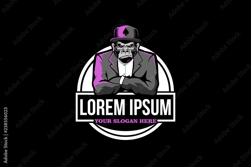 AMAZING MONKEY WITH HAT AND SUIT VECTOR LOGO TEMPLATE AMAZING MONKEY WITH HAT AND SUIT VECTOR LOGO TEMPLATE
