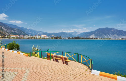 Quay with benches and tables in Finike, province of Antalya.