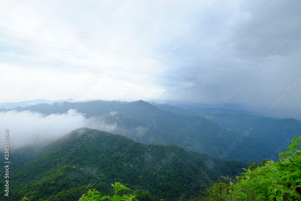 View of the cloud and green mountains from the high altitude