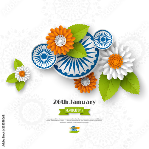 Indian Republic day holiday design. 3d wheels, flowers with leaves in traditional tricolor of Indian flag. Paper cut style. White background. Vector illustration.