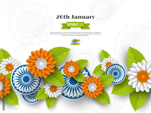 Indian Republic day holiday design. 3d wheels, flowers with leaves in traditional tricolor of Indian flag. Paper cut style. White background. Vector illustration.