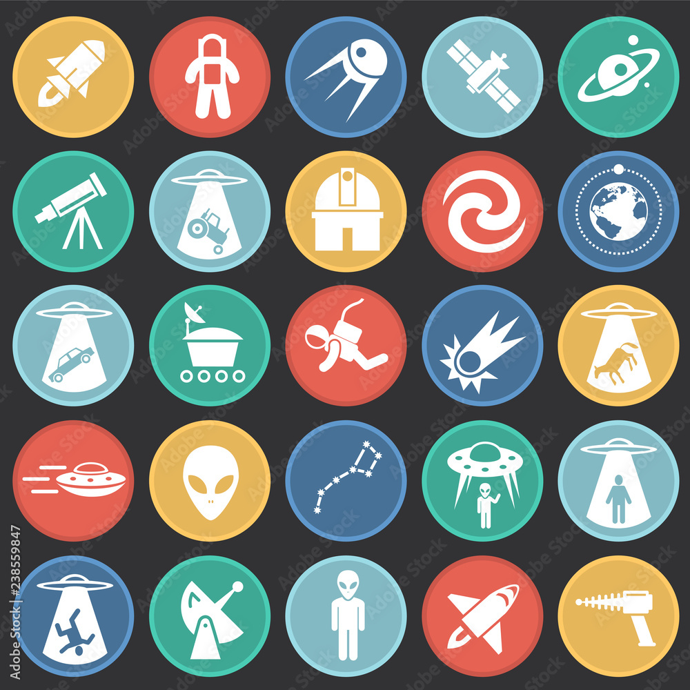 Space icons set on color circles black background for graphic and web design, Modern simple vector sign. Internet concept. Trendy symbol for website design web button or mobile app Space icons set on color circles black background for graphic and web design, Modern simple vector sign. Internet concept. Trendy symbol for website design web button or mobile app
