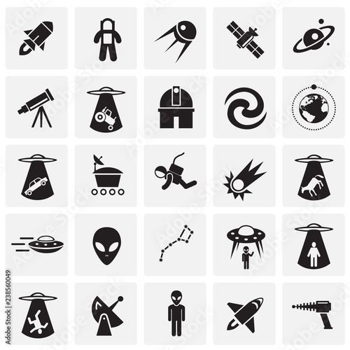 Space icons set on squares black background for graphic and web design, Modern simple vector sign. Internet concept. Trendy symbol for website design web button or mobile app