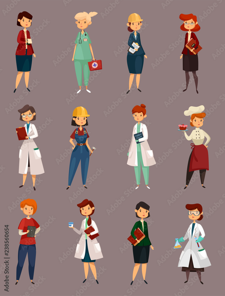 Different female or woman jobs, profession or work