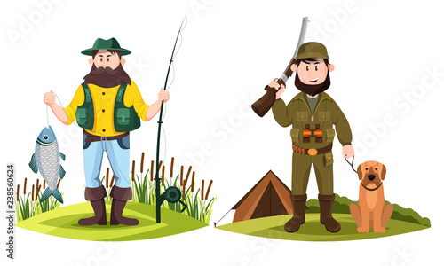 Hunter and fisherman. Hunt man and fisher with rod