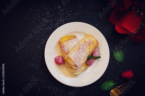 Cheese Blintz - Valentines day breakfast concept overhead view photo