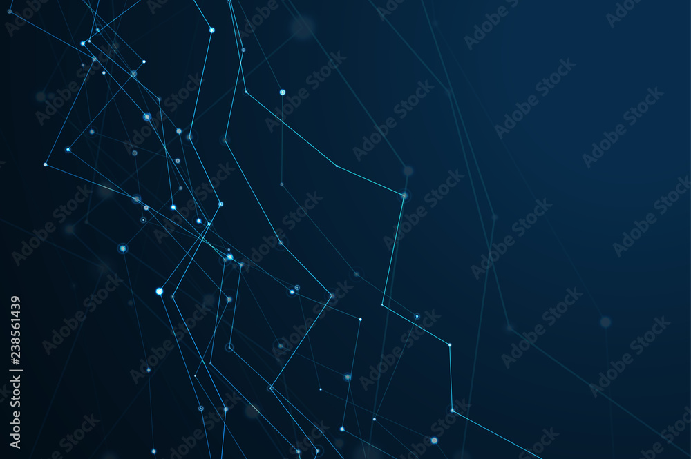 Abstract polygonal shapes. Background with connecting dots and lines. Futuristic molecules on dark background. The technology concept illustration