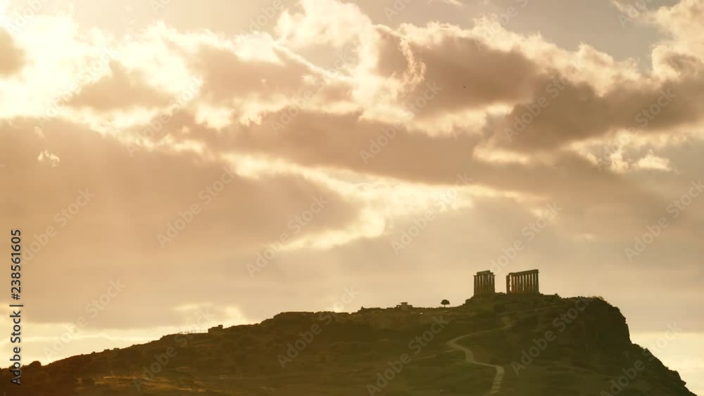 Greece Cape Sounion. Ruins of an ancient temple of Poseidon, Greek god of the sea, at morning, time lapse 4K Greece Cape Sounion. Ruins of an ancient temple of Poseidon, Greek god of the sea, at morning, time lapse 4K