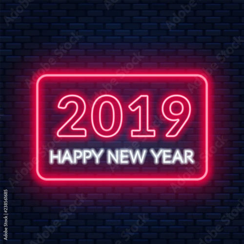 2019 Happy new year neon lettering on dark background.. Can be used for greeting card, invitation and other. Vector illustration.