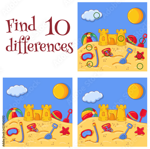 Summer sea sand castle and toys  find 10 differences quiz vector cartoon illustration