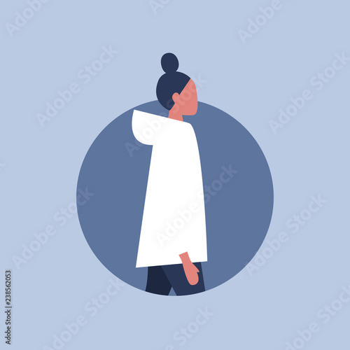 Flat vector round avatar. Young female character side view. Social media profile picture. Template.