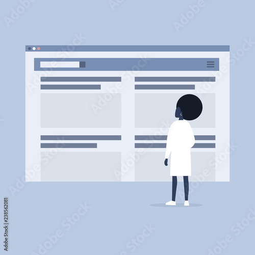 Website layout. Young black female character looking at the browser tab. New technologies. Flat editable vector illustration, clip art