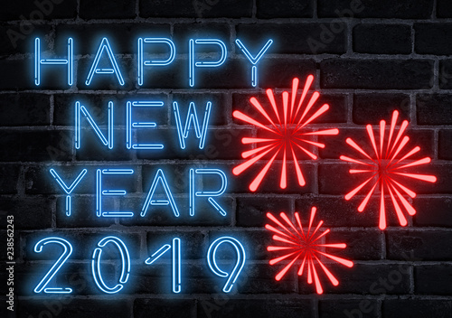 Happy New Year 2019 fluorescent neon text on wall