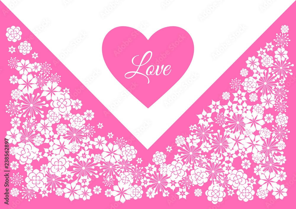 Envelope with Love letter. Valentines Day greeting card with flowers. Heart shape frame. Pink vector background