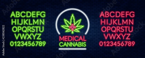 Medical cannabis neon sign. Neon alphabet. Vector illustration on a dark background.