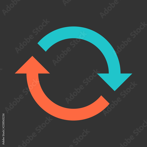 Arrow reload, refresh, rotation, repetition, reset sign. Colored icon on gray background created in 2D flat style. This design graphic element is saved as a vector illustration in EPS file format