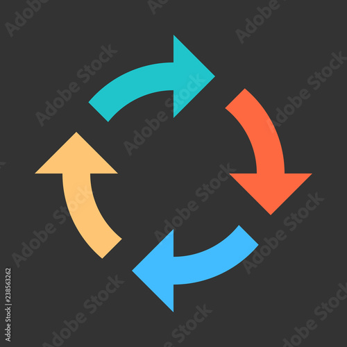 Arrow reload, refresh, rotation, repetition, reset sign. Colored icon on gray background created in 2D flat style. This design graphic element is saved as a vector illustration in EPS file format
