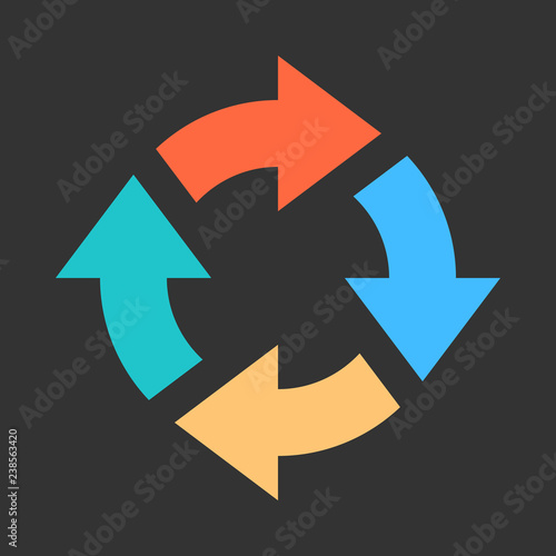 Arrow reload, refresh, rotation, repetition, reset sign. Colored icon on gray background created in 2D flat style. This design graphic element is saved as a vector illustration in EPS file format