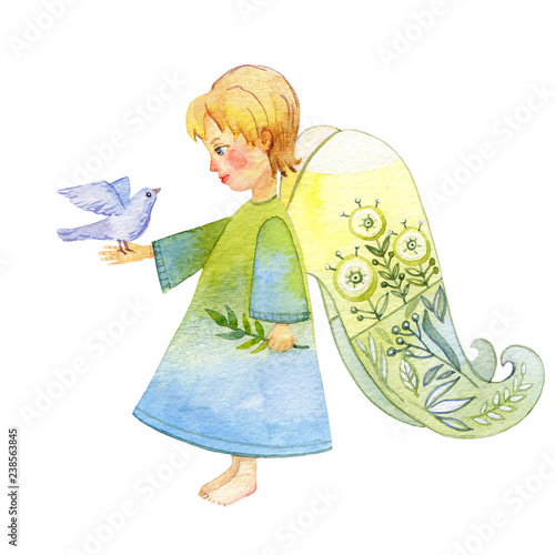 Little Angel. Silent night. Watercolor illustration