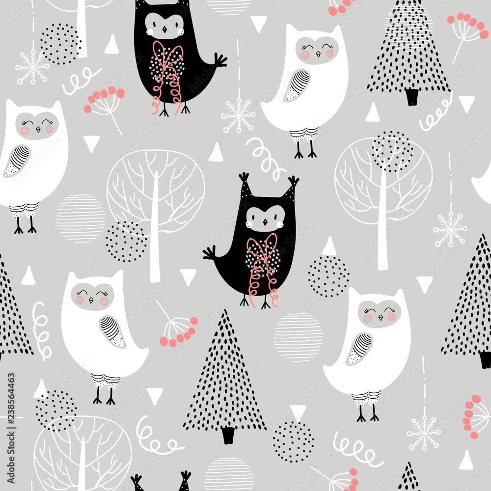 Seamless pattern with cute funny owls in the forest. Scandinavian style, for printing. Hand-drawn.