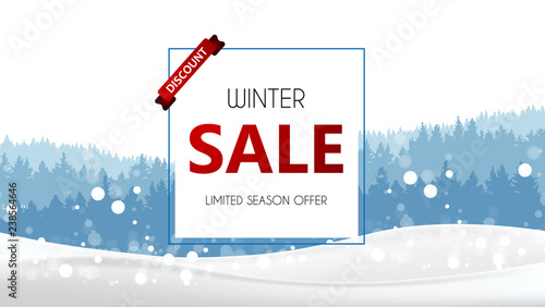 Winter sale banner, vector illustration with winter landscape. Special offer.