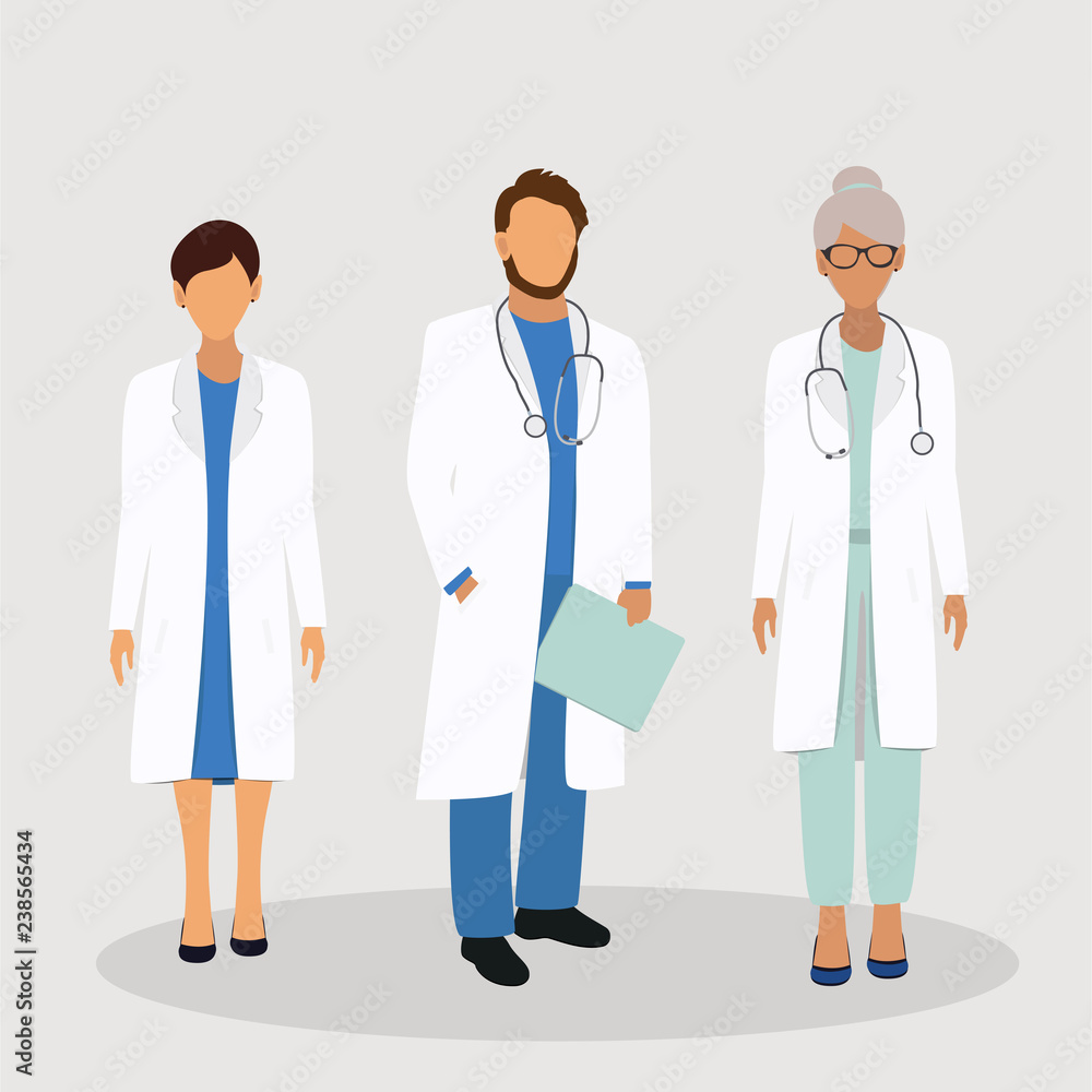 Female and male medical staff. Doctors team. Vector illustration in flat style Female and male medical staff. Doctors team. Vector illustration in flat style