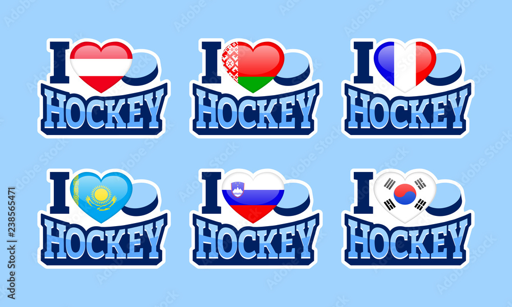I love hockey vector stickers. Austria, Belarus, France, Kazakhstan, Slovenia, South Korea national flags. Sport poster. Winter sports illustration for fancier design, clothes prints. Tradition colors